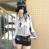 Model wearing the white Studded Military Crop Jacket