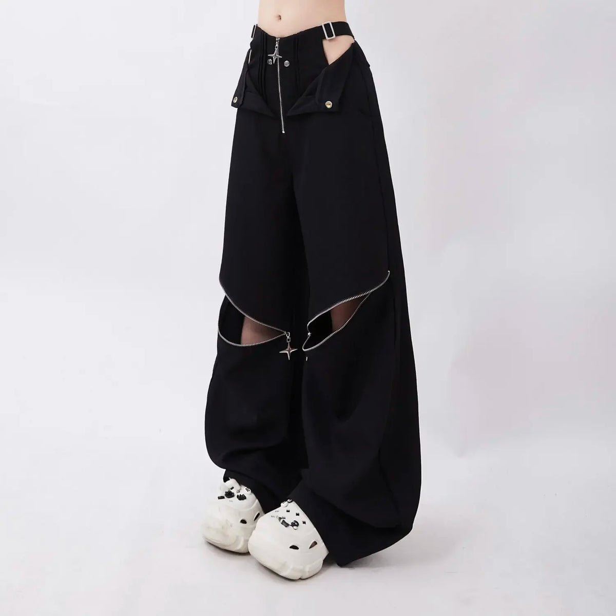 Black Cargo Zipper Design High Pants