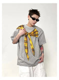 Streetwear Loose Plaid Patchwork Crew Neck T-Shirt