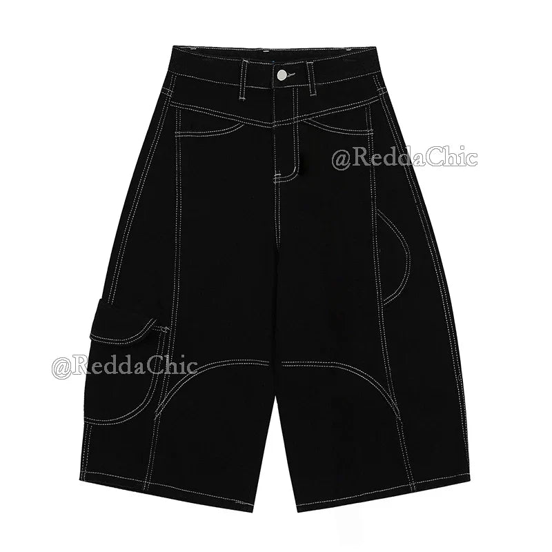 Patchwork Black Retro Wide Leg Jorts