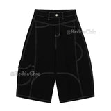 Patchwork Black Retro Wide Leg Jorts