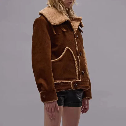 Women Solid Spliced Button Fur Jacket