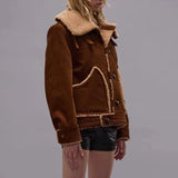 Women Solid Spliced Button Fur Jacket