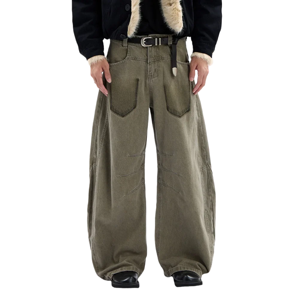 Vintage Pleated Spliced Distressed Wide Leg Jeans
