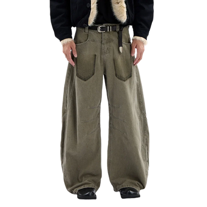 Vintage Pleated Spliced Distressed Wide Leg Jeans