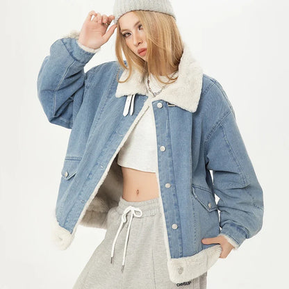 Sweet Blue Plush Lady Short Denim Jacket