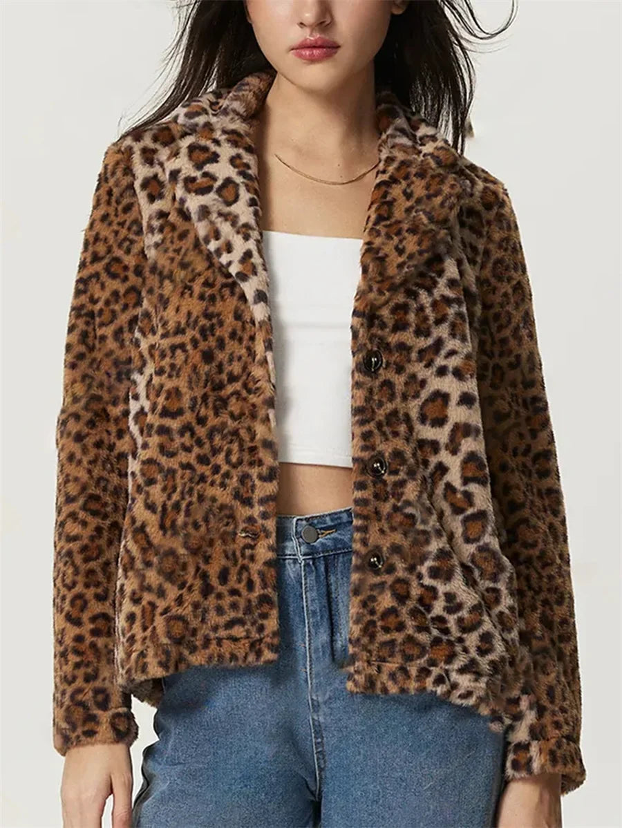Women Leopard Print Faux Fur Jacket