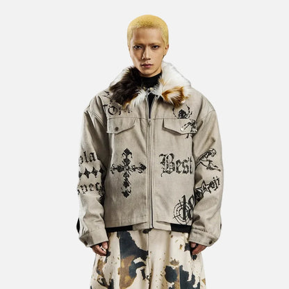 Vintage Distressed Quilted Letter Print Jacket