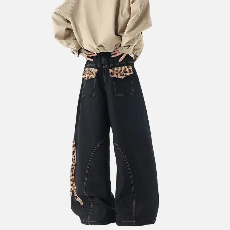 Streetwear Leopard Print Patchwork Wide Leg Jeans