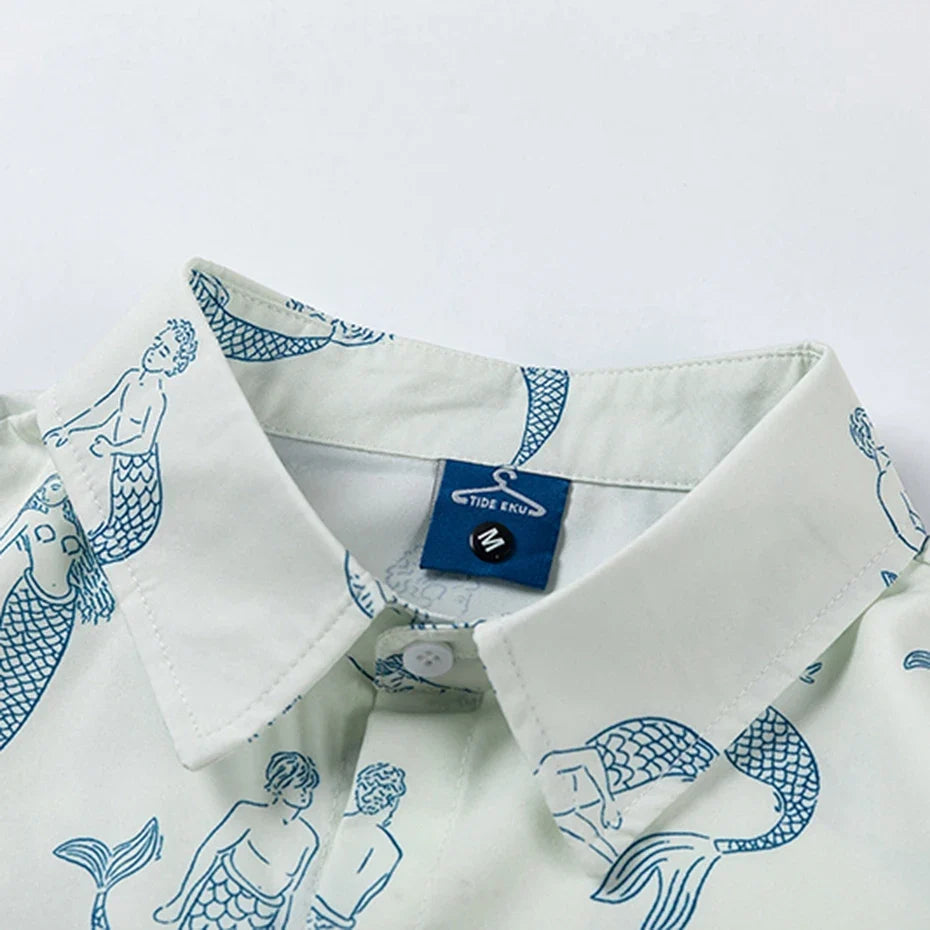 Mermaid Printed White Oversized Button-Up Shirt