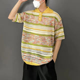 Versatile Gradient Striped Knit Polo Sweater