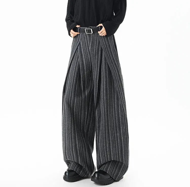 Striped Solid Color Woolen Pleated Wide Leg Pants