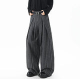 Striped Solid Color Woolen Pleated Wide Leg Pants