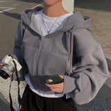 Model wearing the dark grey Y2k Retro Layered Hoodie 