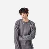 Distressed Solid Color Crew Neck Long Sleeve T-Shirt