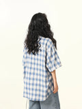 Blue Plaid Cartoon Character Embroidered Shirt