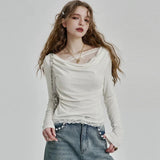 White Lace Pleated Round Neck T-Shirt