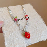Aesthetic Handmade Beaded Strawberry Pendant Necklace