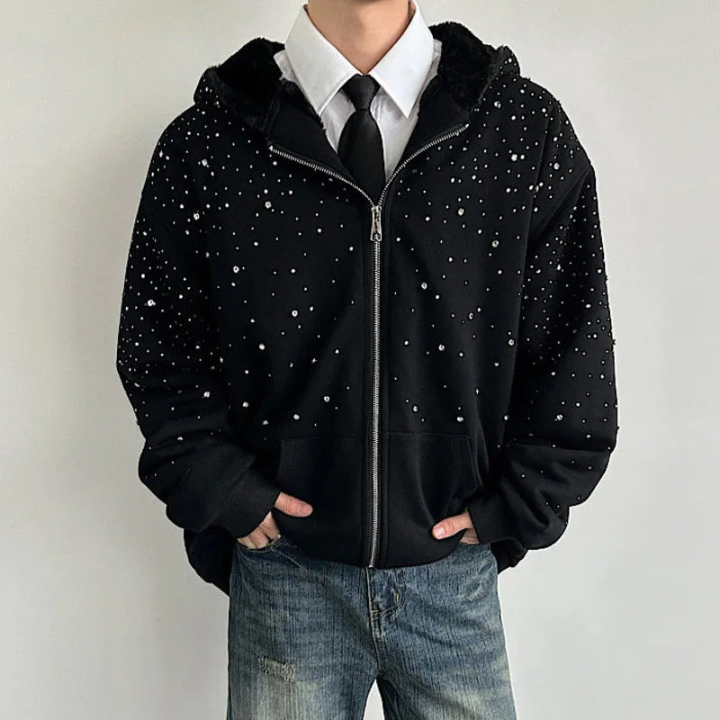 Diamond Patchwork Hooded Faux Fur Sweatshirt