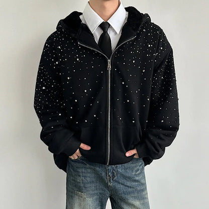 Diamond Patchwork Hooded Faux Fur Sweatshirt