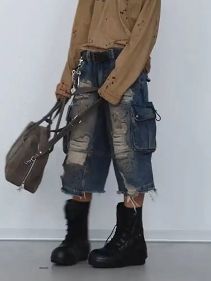 Retro Casual Emo Denim Cargo Jorts
