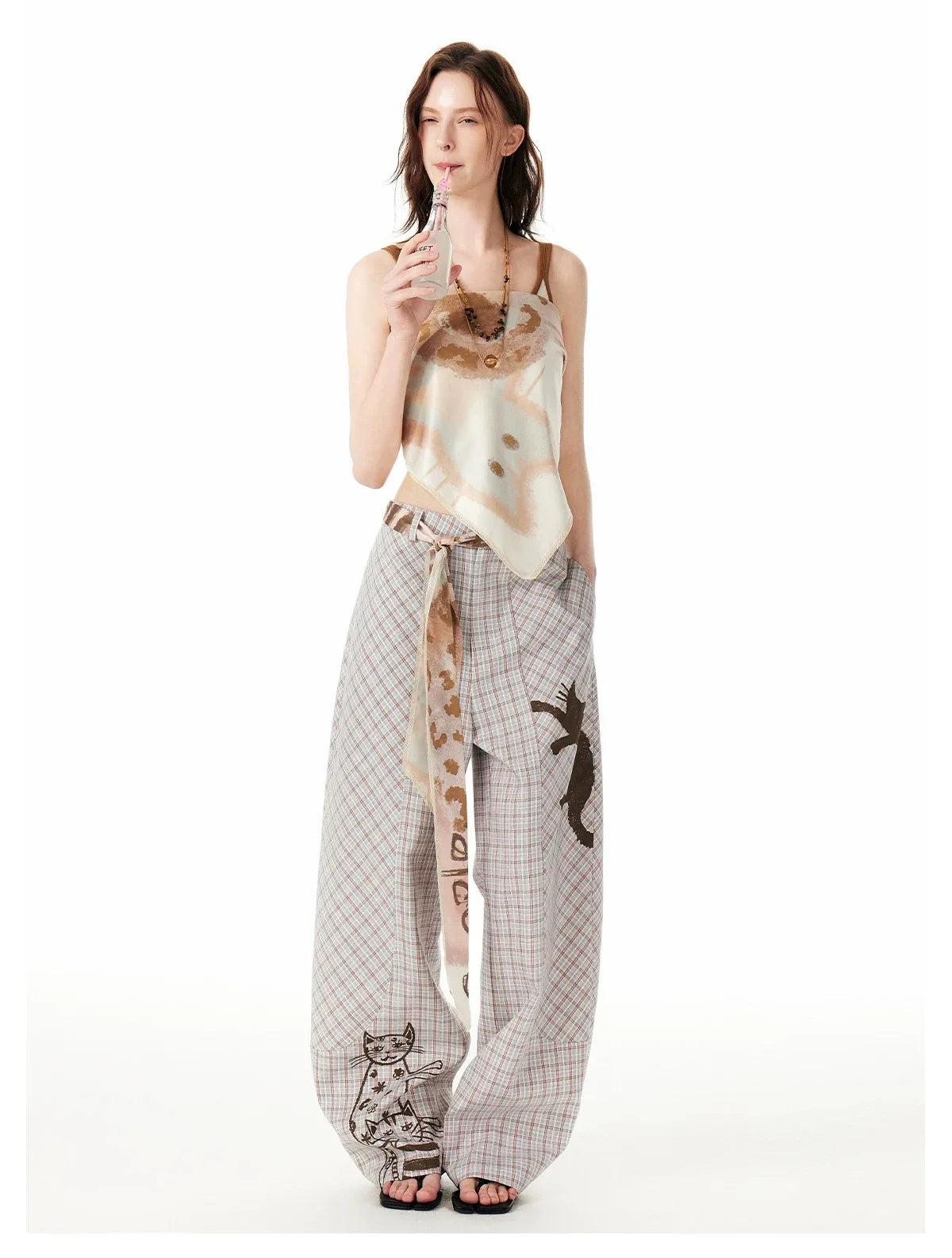 Comfort Plaid Cat Print Retro Sweatpants