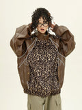 Leopard Print Splicing PU Leather Jacket