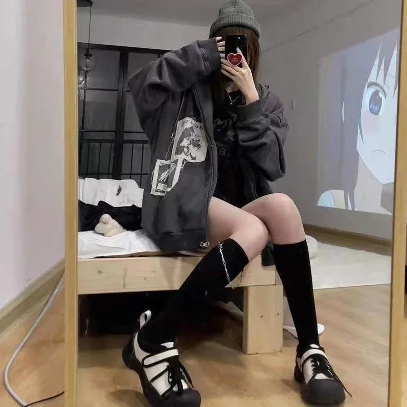 Y2K Graphic Patchwork Zip-Up Hoodie