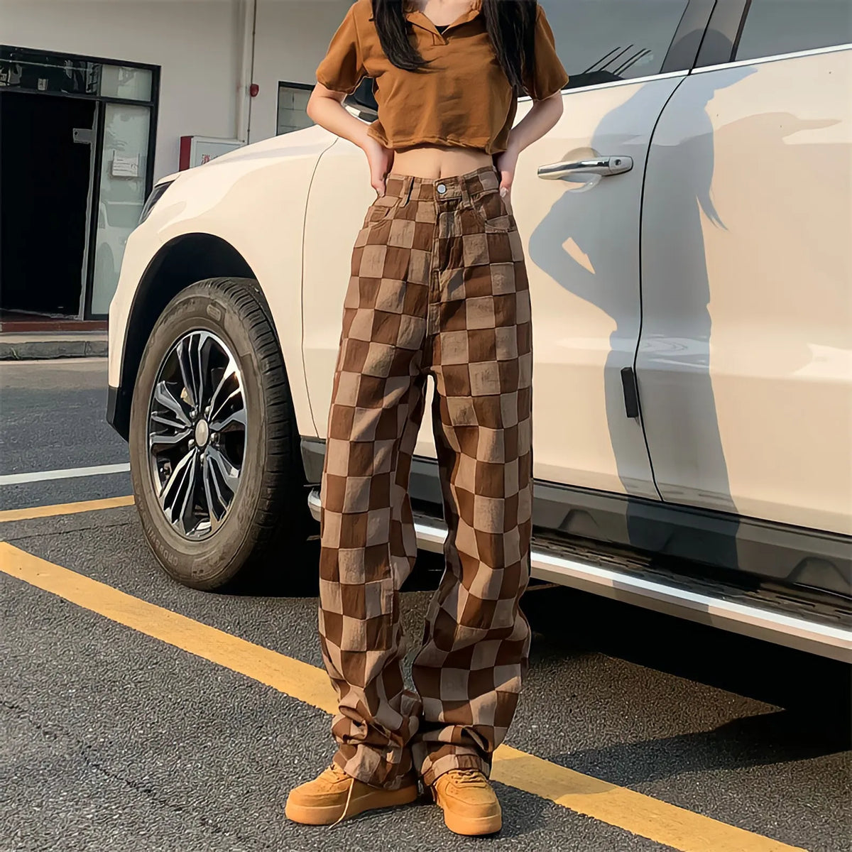 Brown Plaid High-waist Women's Pants