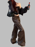 Distressed Brown PU Leather Wide Leg Pants