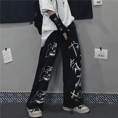 Y2K Japanese Anime Printed Black Pants