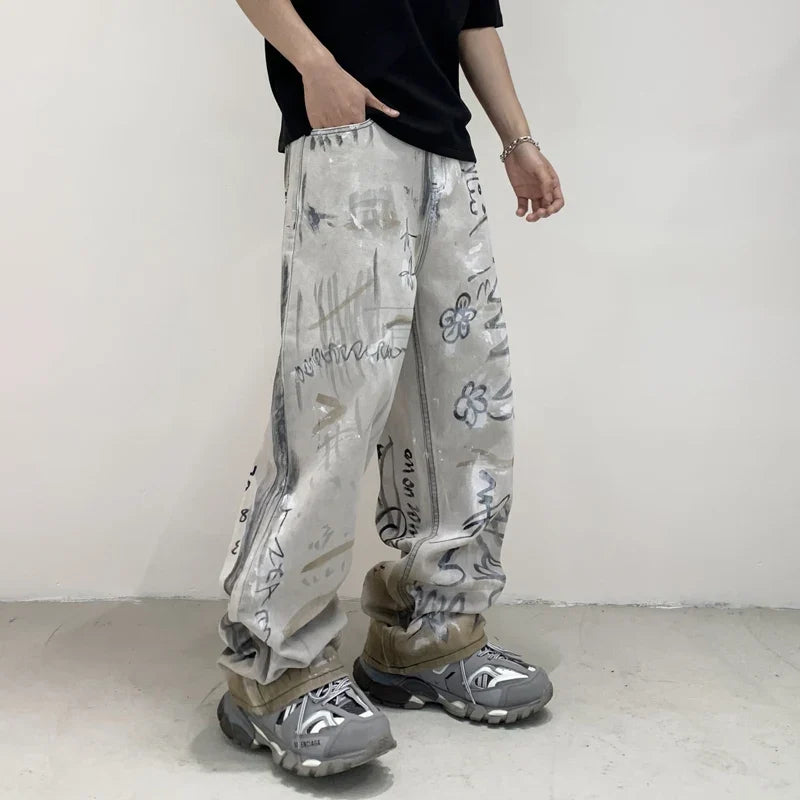 Graffiti Print Loose Fit Wide Jeans