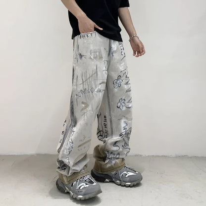 Graffiti Print Loose Fit Wide Jeans