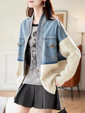 Oversized V-Neck Knitted Loose Denim Jacket
