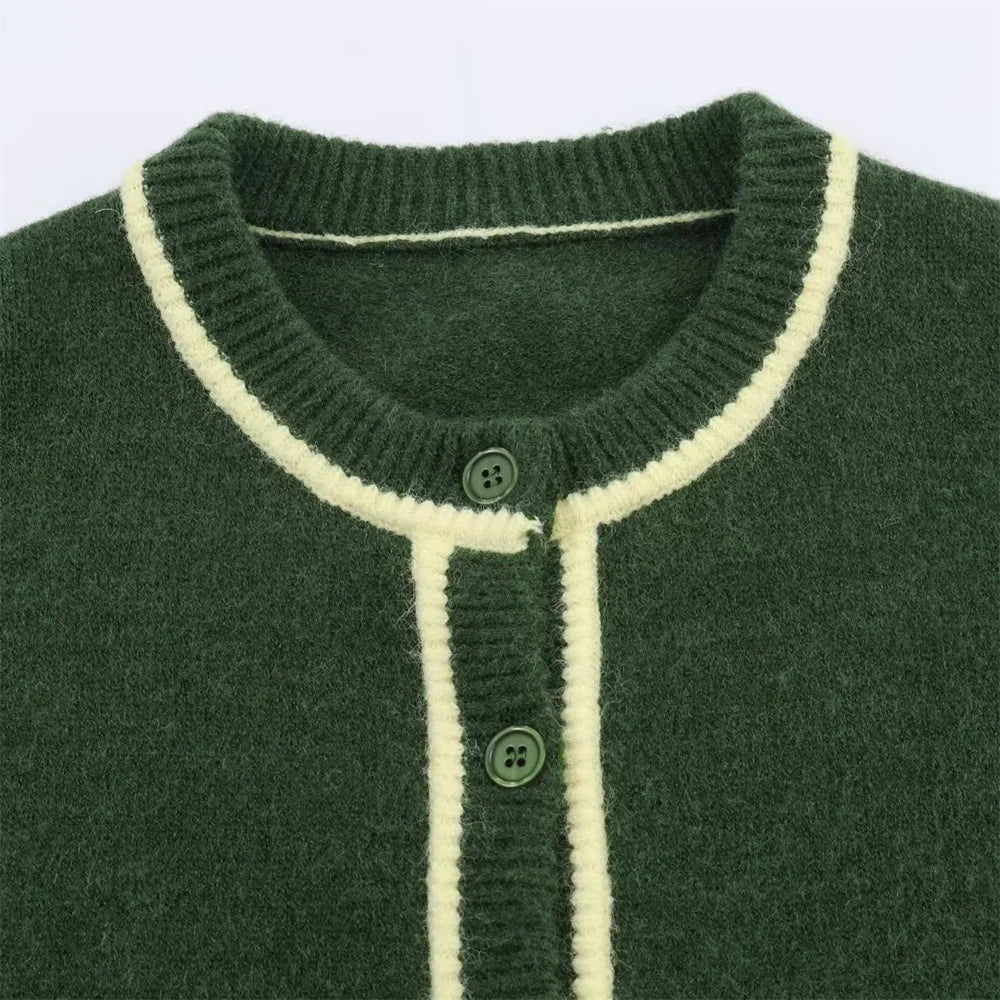 Contrast Color Round Neck Long Sleeve Knit Cardigan