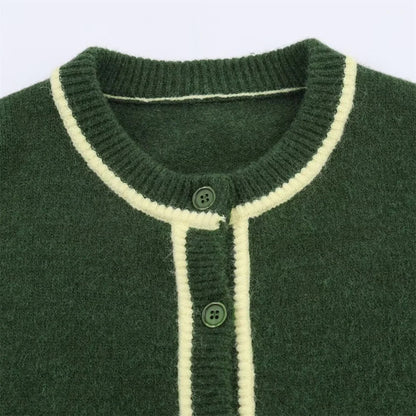 Contrast Color Round Neck Long Sleeve Knit Cardigan