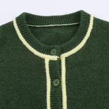 Contrast Color Round Neck Long Sleeve Knit Cardigan