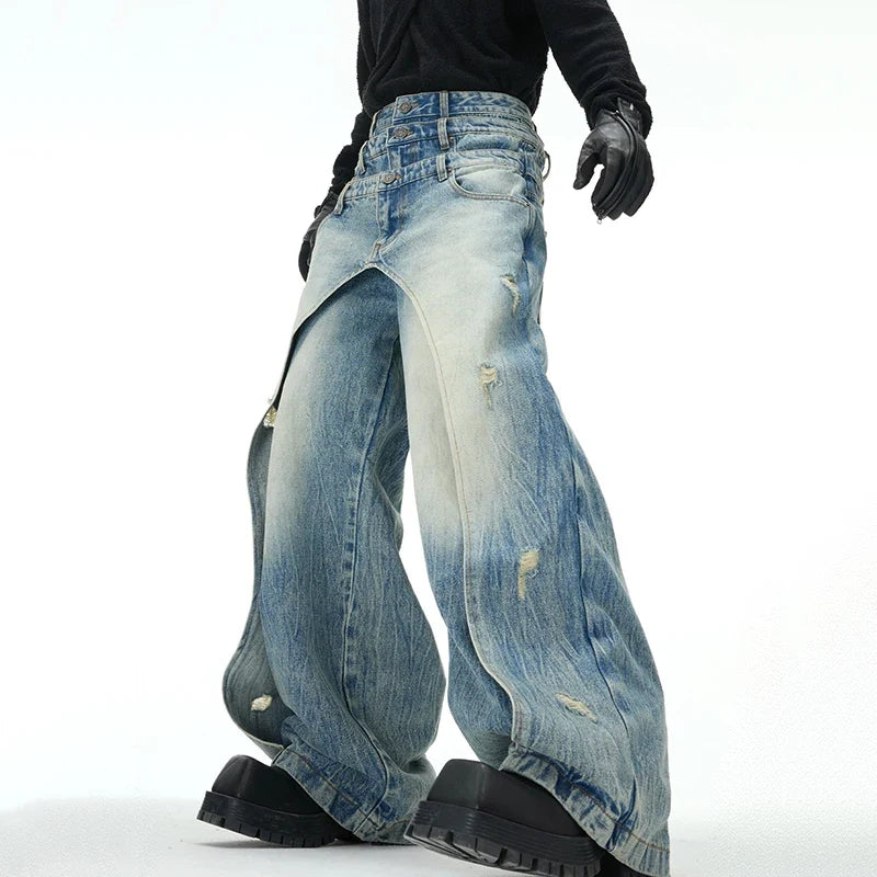 Men Layered Patchwork Wide Leg Jeans