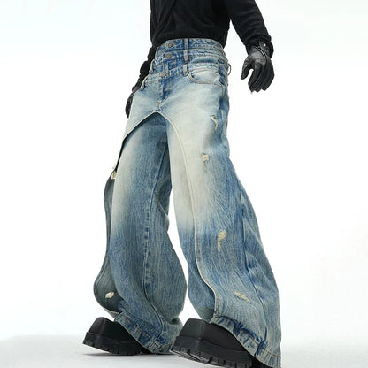 Men Layered Patchwork Wide Leg Jeans