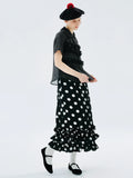 Women Black Polka Dot Lapel Short Sleeve Shirt