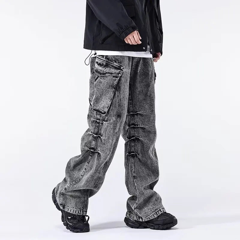 Minimal Look Gray Pleated Cargo Jeans