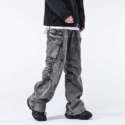 Minimal Look Gray Pleated Cargo Jeans