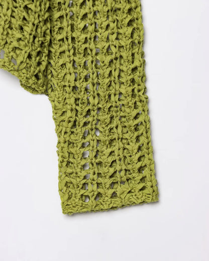 Green Mesh Embellished V-Neck Knit Cardigan