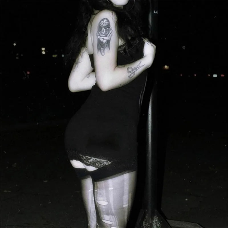 Dark Gothic Skull Print Lace Dress