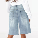 Women High Waist Raw Hem Denim Short