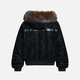 Fashionable Spliced Fur Hooded PU Leather Jacket