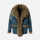 Y2K Washed Distressed Denim Padded Fur Jacket