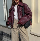 Women Retro Motorcycle Style Red Leather Jacket