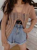 Model wearing the camel Y2K Lace-Up Knit Top