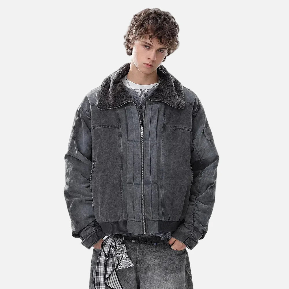 Vintage Distressed Denim Padded Fur Collar Jacket